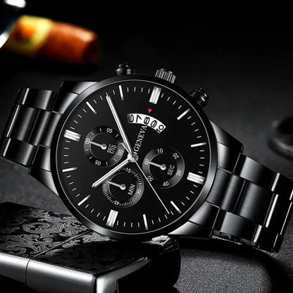 Black Stainless Steel Business Watch with Calendar & Date Display for Men