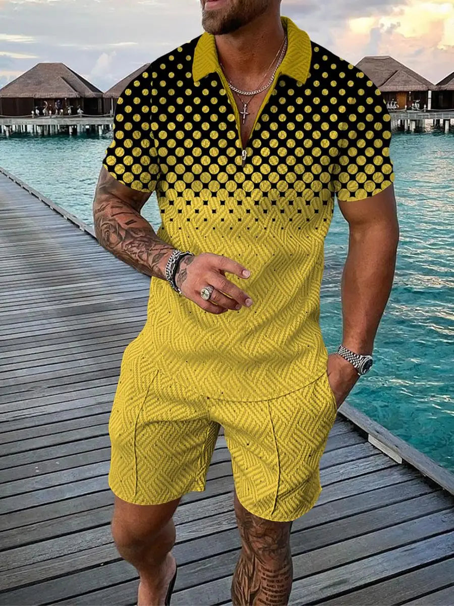  Funny 3D Polka Dot Zip Polo & Shorts Set for Men