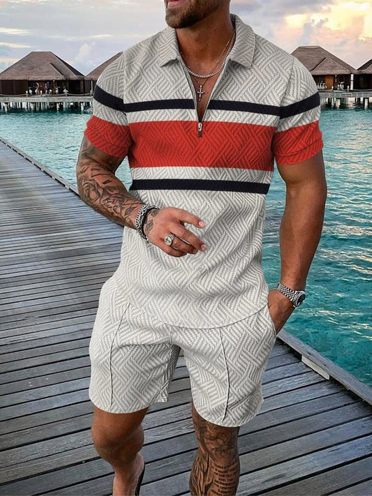 Men’s 3D Stripe Print Zip Polo Shirt &amp; Shorts Set