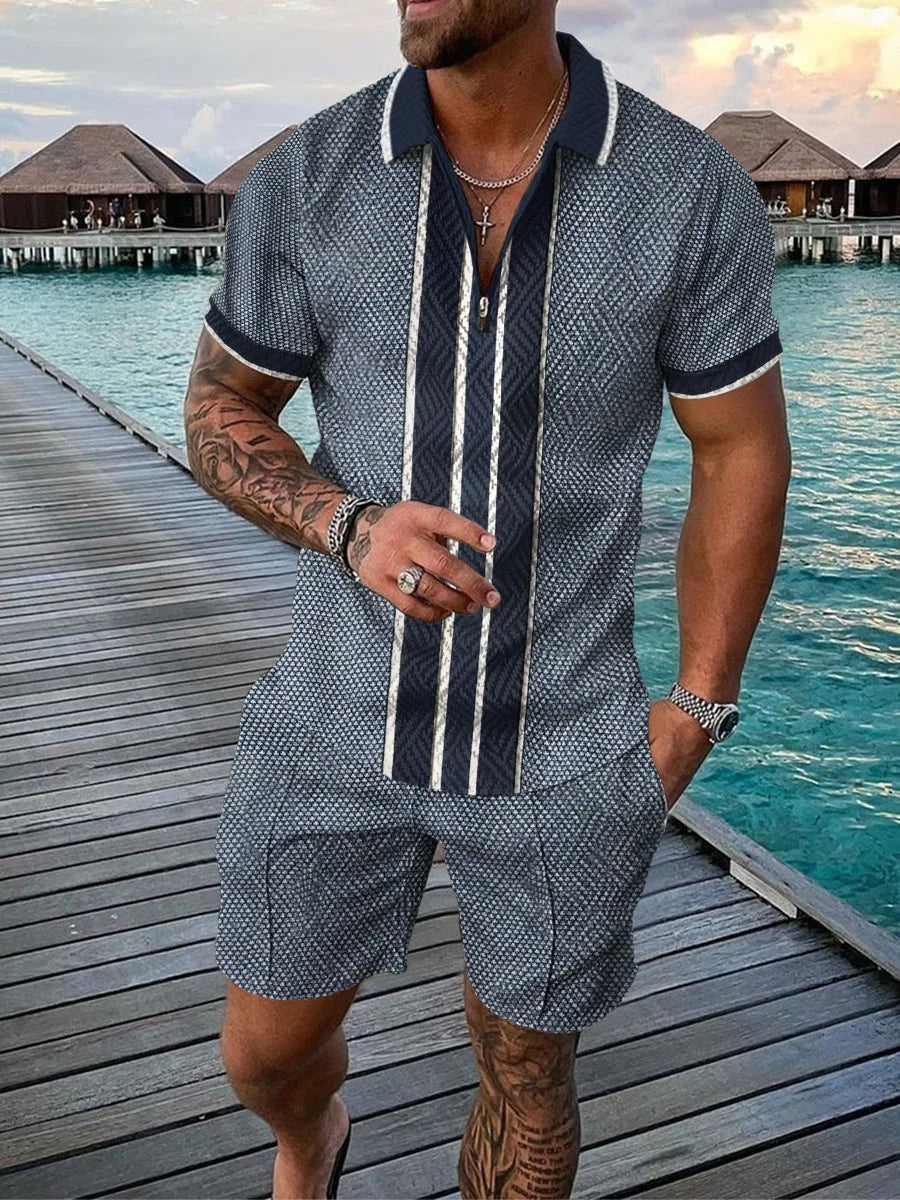 Men’s 3D Stripe Print Zip Polo Shirt &amp; Shorts Set