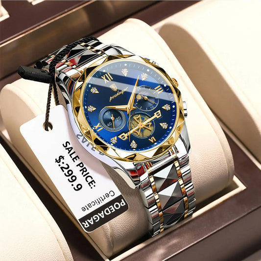Man Waterproof Luminous Chronograph Quartz Timepiece with Stainless Steel Band