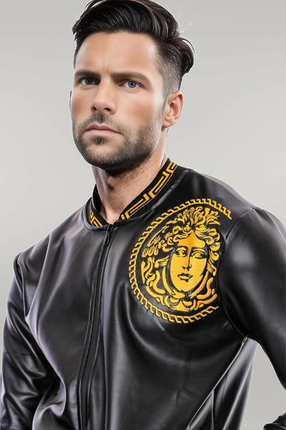 Black Leather Touch Printed Seasonal Coat