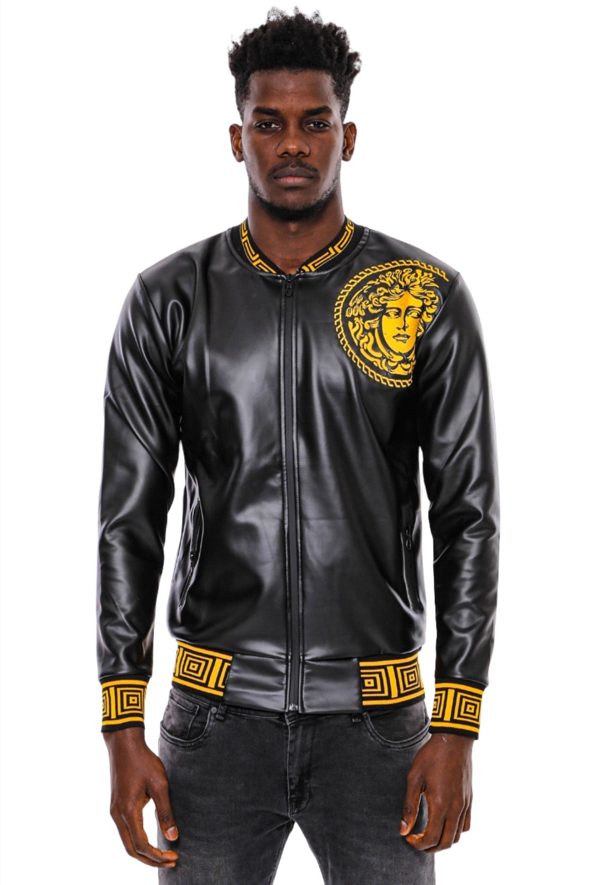 Black Leather Touch Printed Seasonal Coat