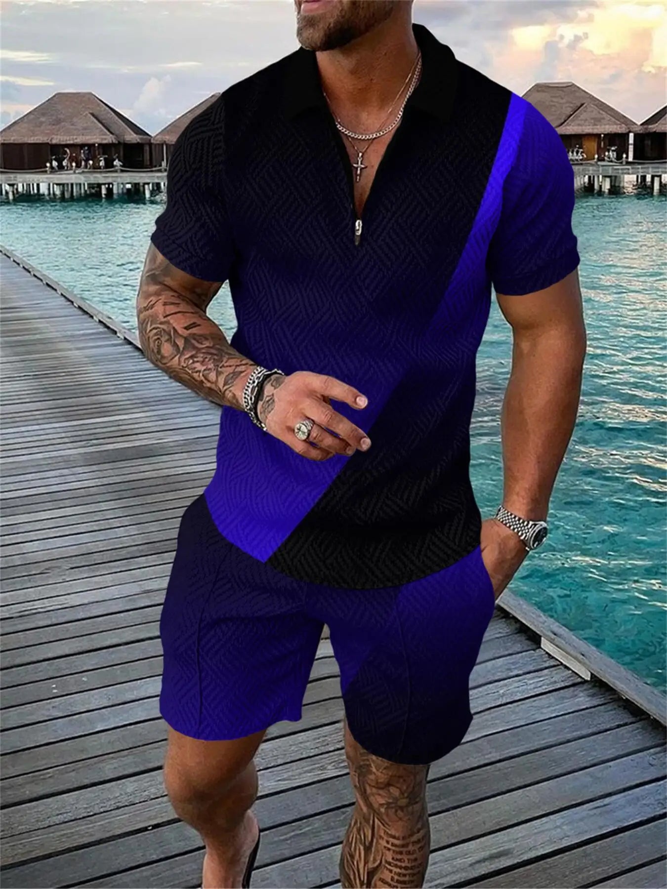  Funny 3D Polka Dot Zip Polo & Shorts Set for Men
