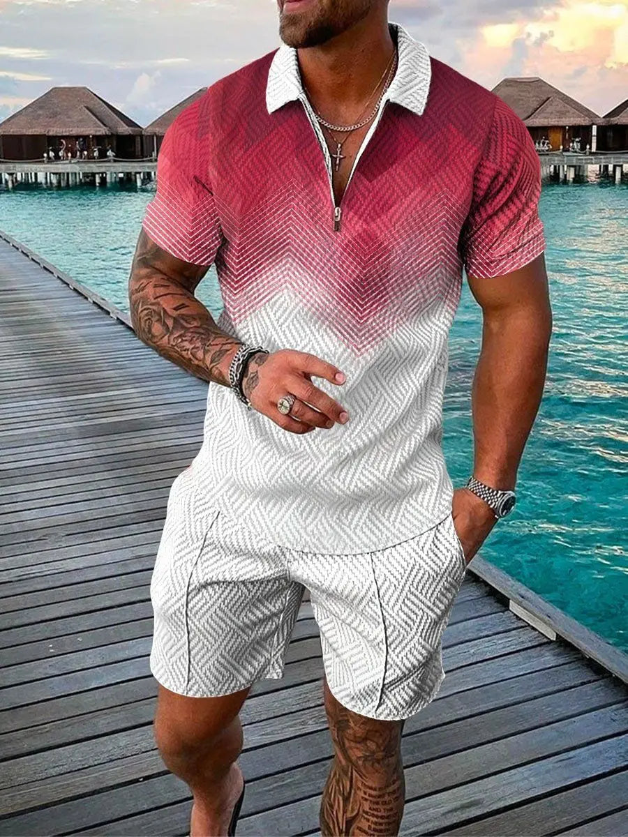 Men’s 3D Stripe Print Zip Polo Shirt &amp; Shorts Set