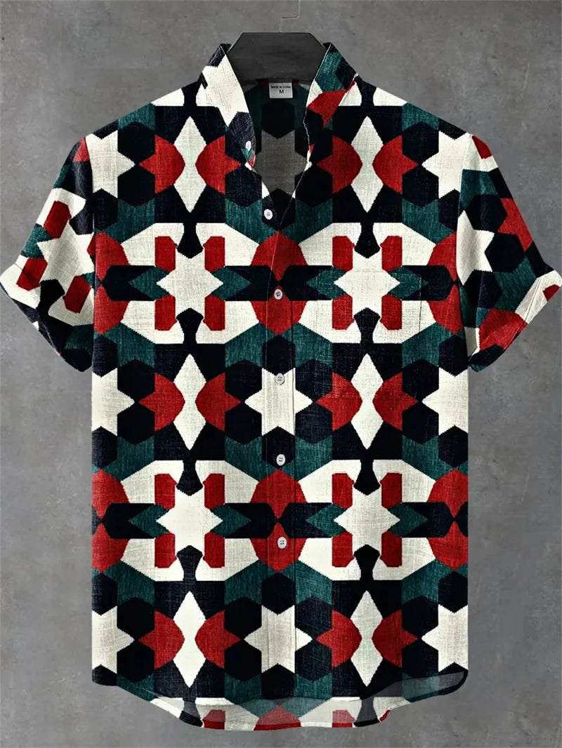 Geometric Print Men’s Linen Shirt