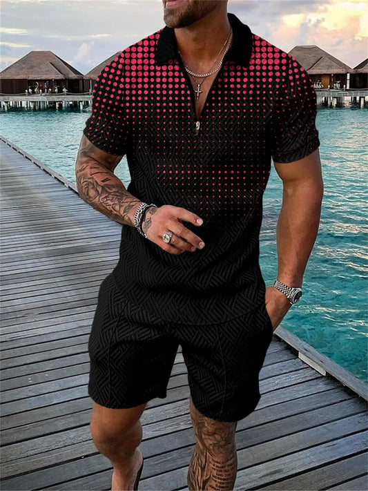  Funny 3D Polka Dot Zip Polo & Shorts Set for Men