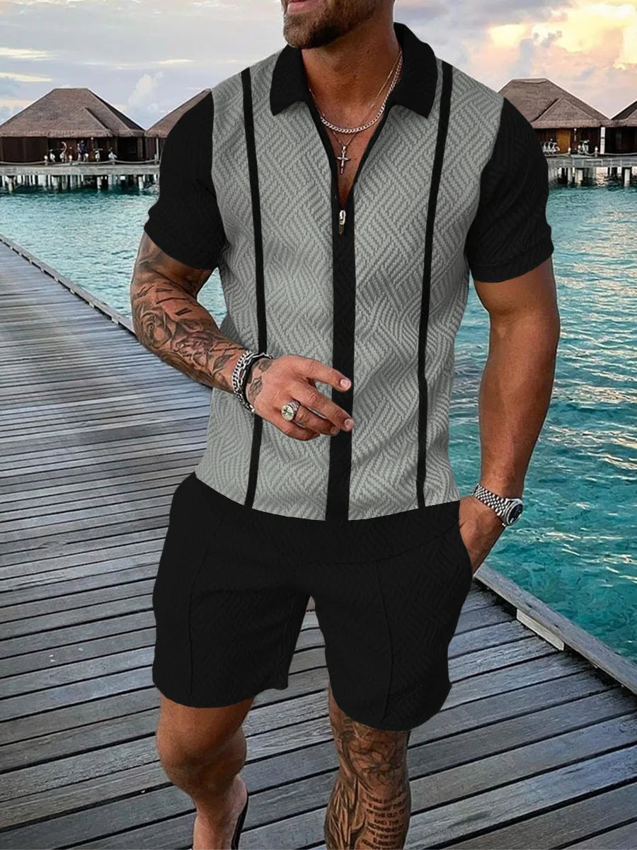 Men’s 3D Stripe Print Zip Polo Shirt &amp; Shorts Set