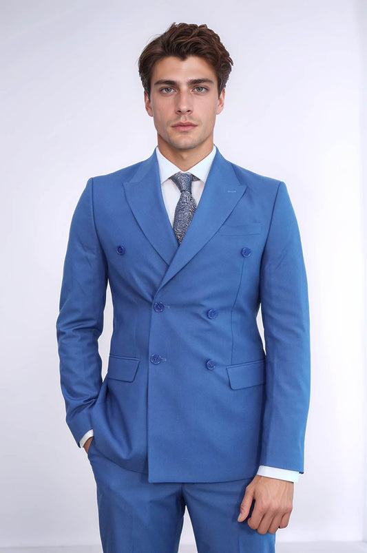 KOALA SYDNEY Wide Peak Lapel Striped Slim Fit Blue Men Double-Breasted Suit