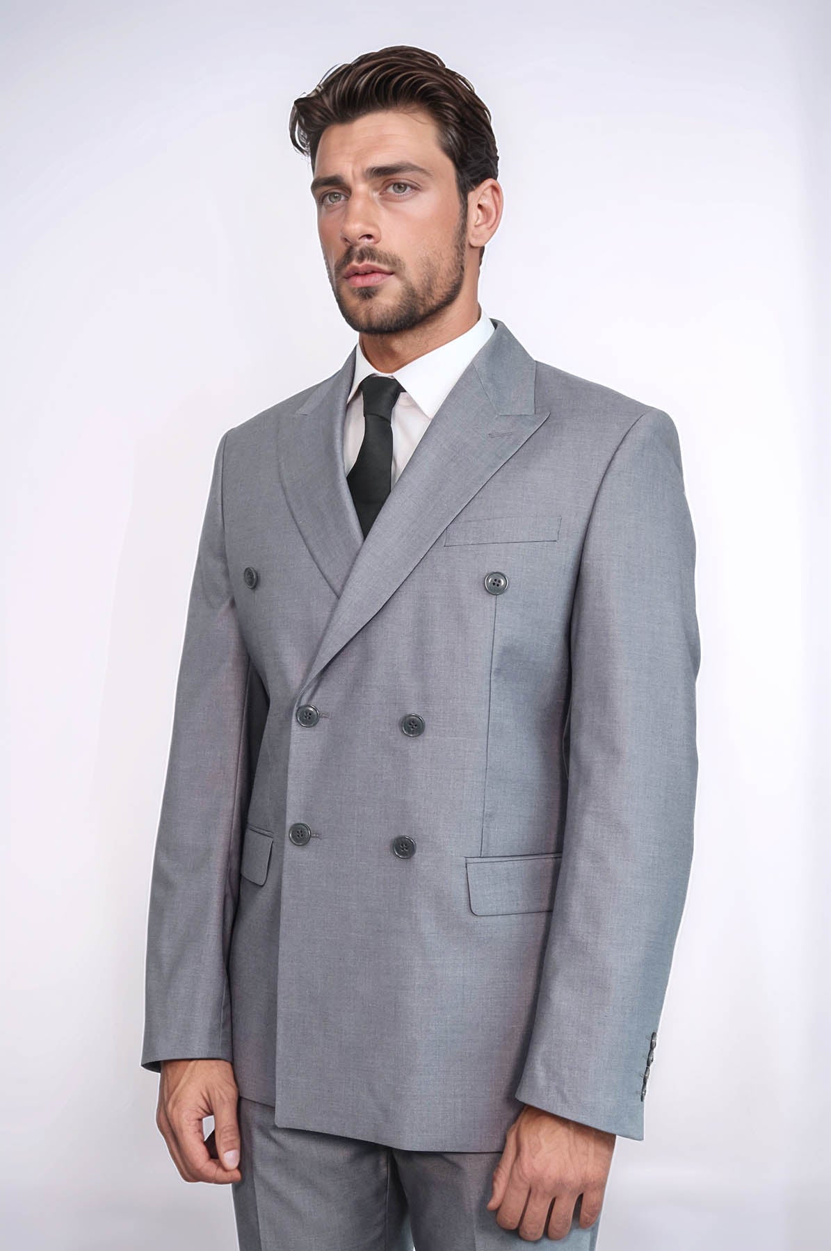 KOALA SYDNEY Wide Peak Lapel Striped Slim Fit Gray Men Double-Breasted Suit