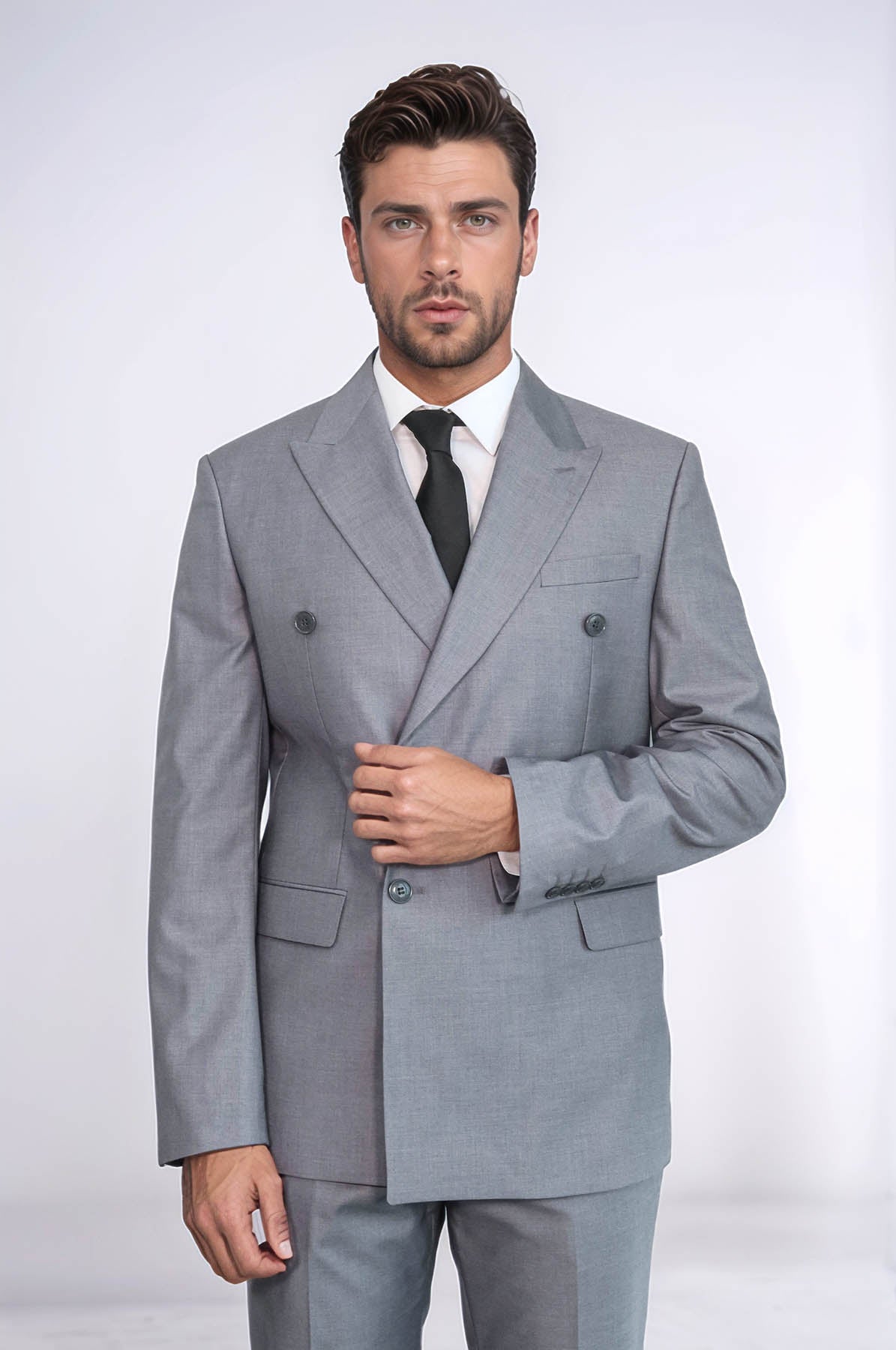 KOALA SYDNEY Wide Peak Lapel Striped Slim Fit Gray Men Double-Breasted Suit
