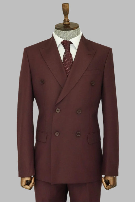 KOALA SYDNEY  Wide Peak Collar Slim Fit Burgundy Men Double-Breasted Suit -
