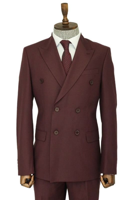 KOALA SYDNEY  Wide Peak Collar Slim Fit Burgundy Men Double-Breasted Suit and Shirt Combination