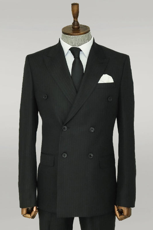 KOALA SYDNEY Striped Wide Collar Black Men Double-Breasted Suit