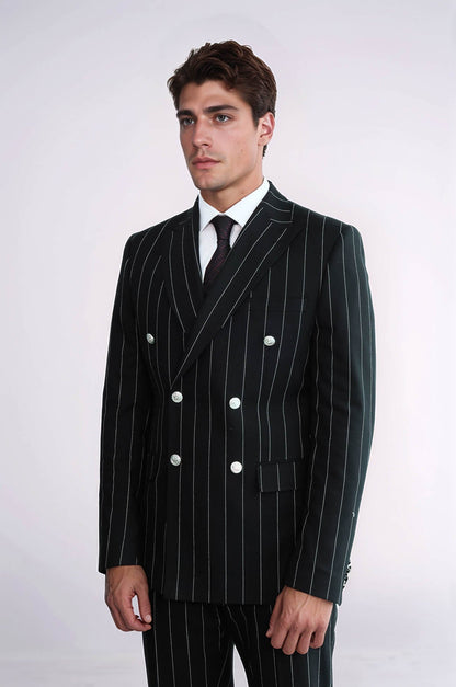 Pinstripe Double Breasted Men’s Black Suit with Silver Button Details