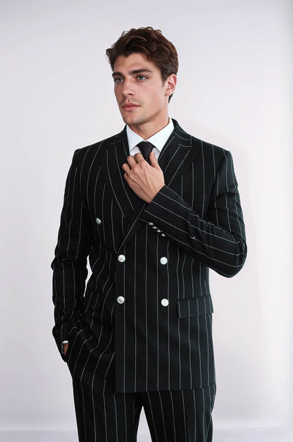 Pinstripe Double Breasted Men’s Black Suit with Silver Button Details