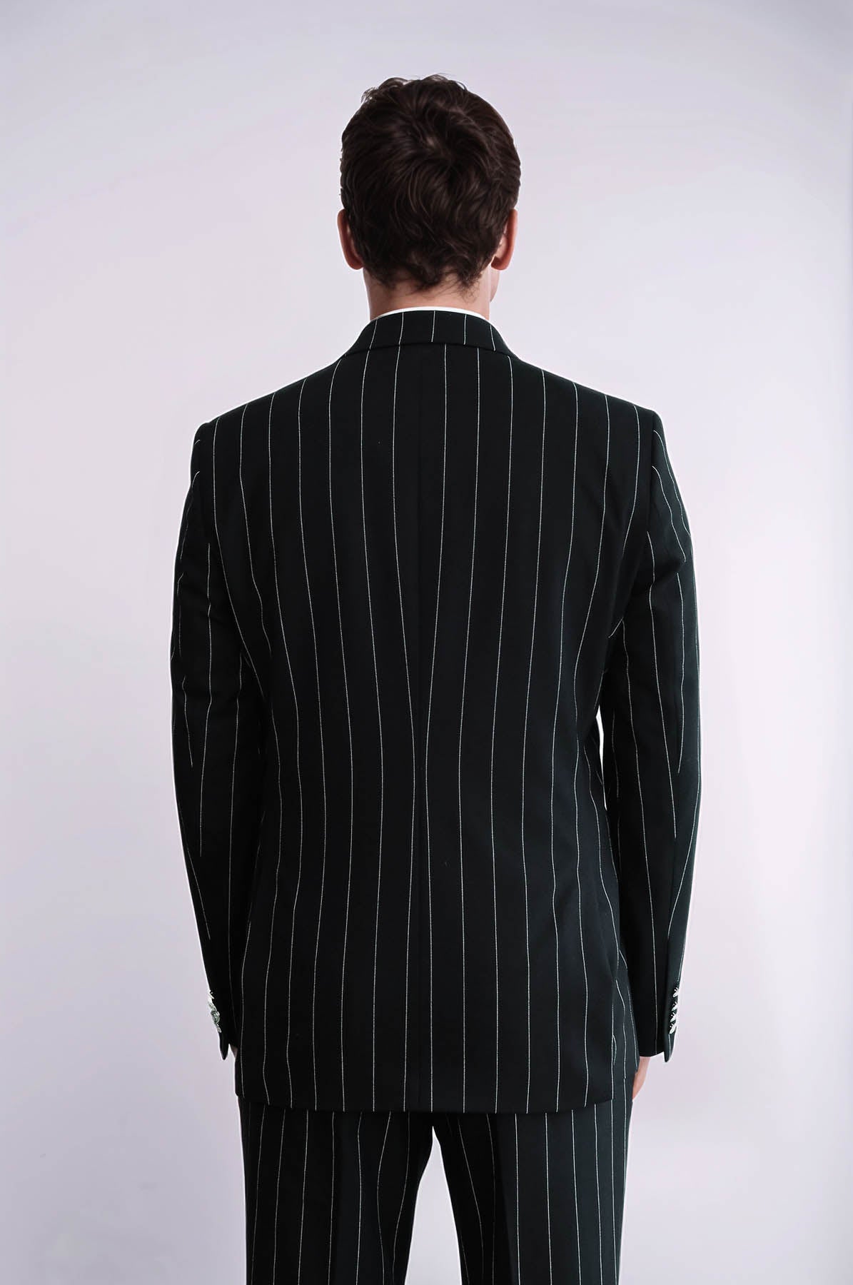 Pinstripe Double Breasted Men’s Black Suit with Silver Button Details
