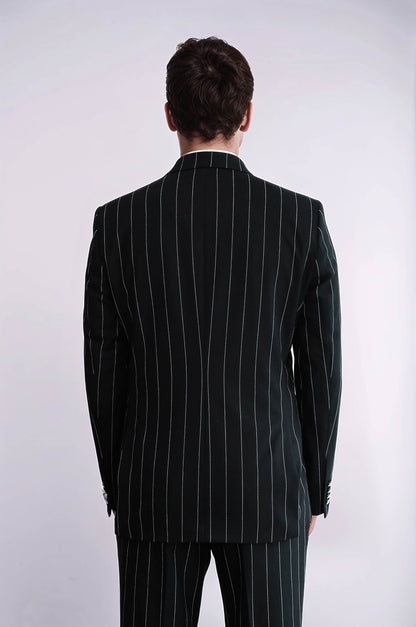 Pinstripe Double Breasted Men’s Black Suit with Silver Button Details