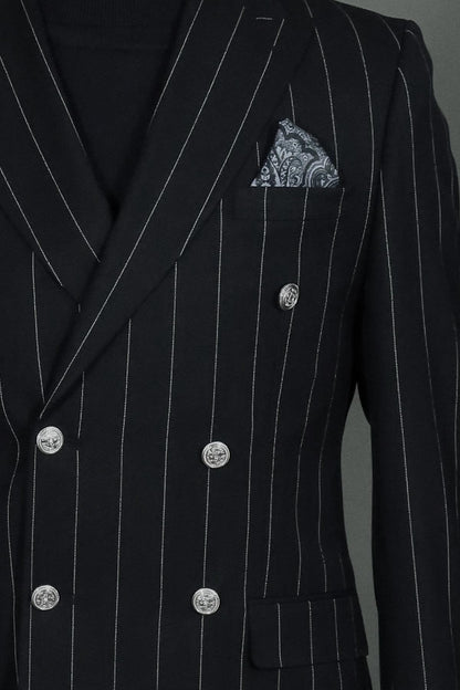 Pinstripe Double-Breasted Black Suit and Knitwear Look for Office Elegance