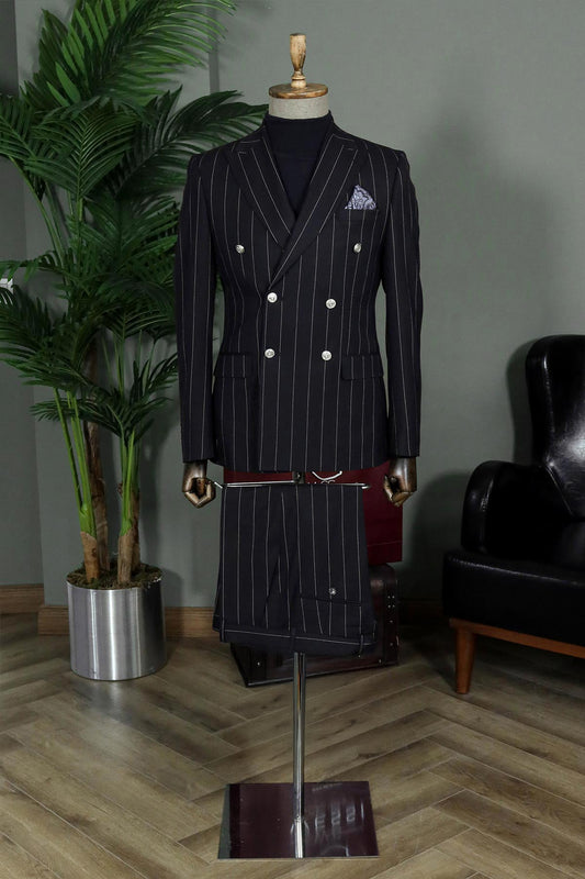 KOALA SYDNEY  Pinstripe Double-Breasted Black Suit and Knitwear Look for Office Elegance