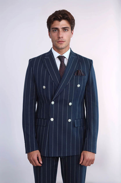 KOALA SYDNEY  Pinstripe Double Breasted Men’s Navy Blue Suit with Silver Button Details