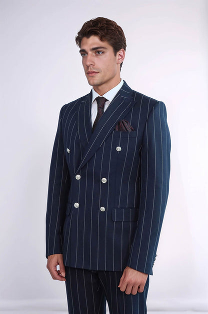 KOALA SYDNEY  Pinstripe Double Breasted Men’s Navy Blue Suit with Silver Button Details