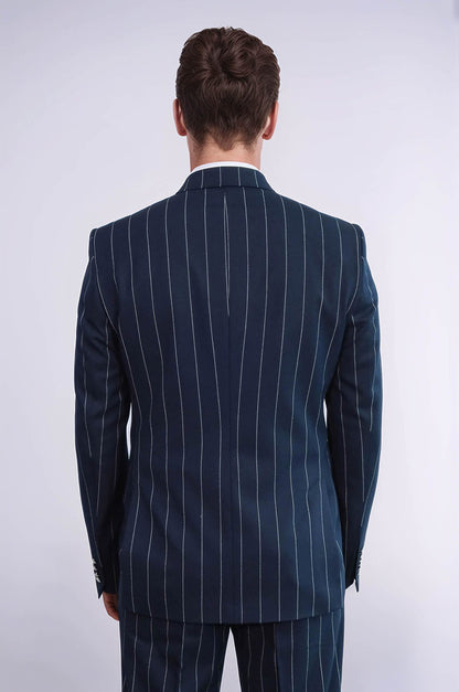 KOALA SYDNEY  Pinstripe Double Breasted Men’s Navy Blue Suit with Silver Button Details