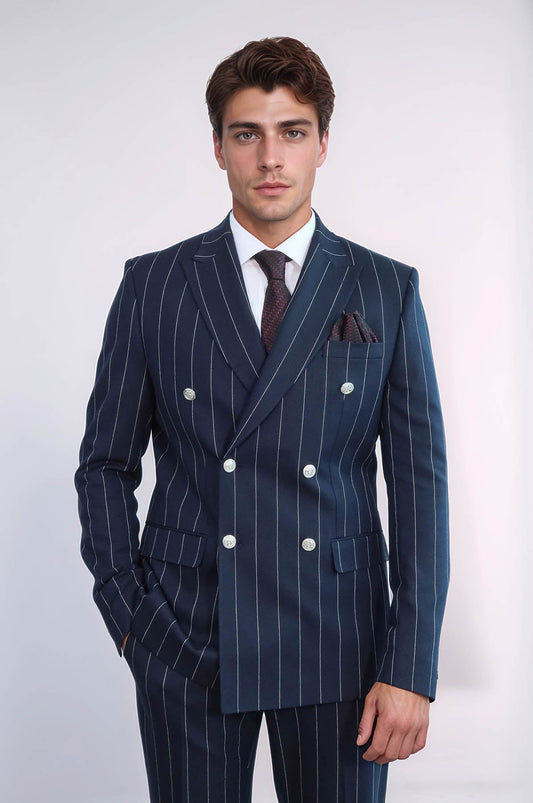 KOALA SYDNEY  Pinstripe Double Breasted Men’s Navy Blue Suit with Silver Button Details