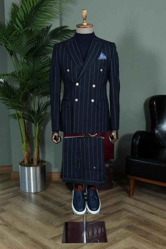 KOALA SYDNEY  Pinstripe Double-Breasted Navy Suit and Knitwear Look for Office Elegance