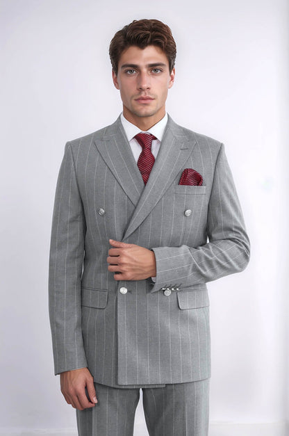 KOALA SYDNEY  Pinstripe Double Breasted Men’s Grey Suit with Silver Button Details -