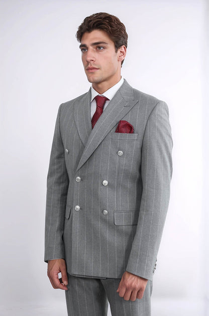 KOALA SYDNEY  Pinstripe Double Breasted Men’s Grey Suit with Silver Button Details -