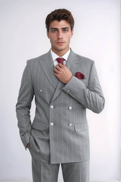 KOALA SYDNEY  Pinstripe Double Breasted Men’s Grey Suit with Silver Button Details -