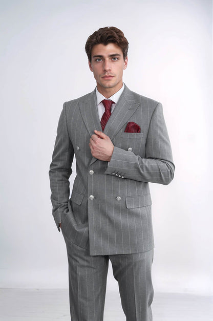 KOALA SYDNEY  Pinstripe Double Breasted Men’s Grey Suit with Silver Button Details -