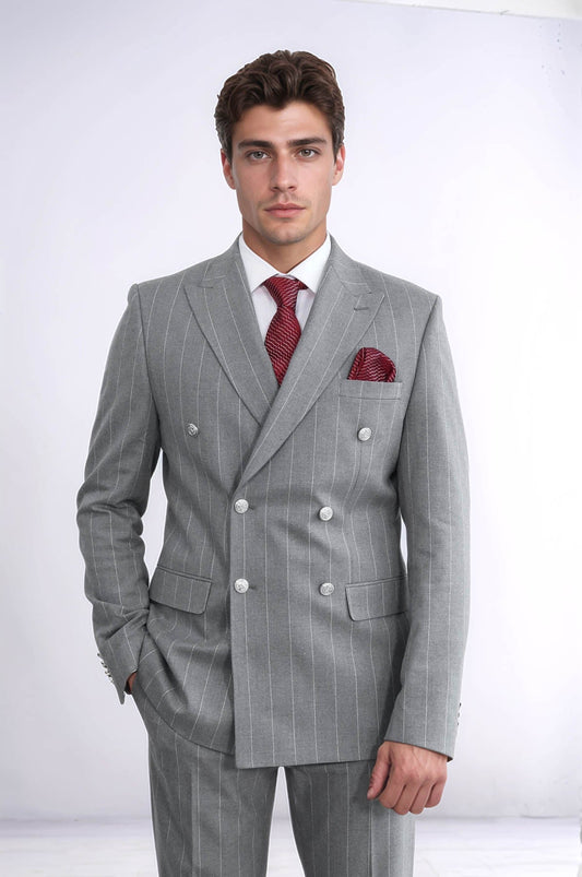 KOALA SYDNEY  Pinstripe Double Breasted Men’s Grey Suit with Silver Button Details
