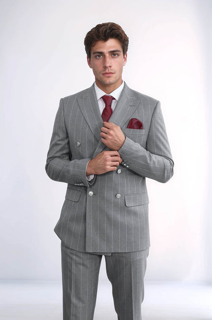 KOALA SYDNEY  Pinstripe Double Breasted Men’s Grey Suit with Silver Button Details -