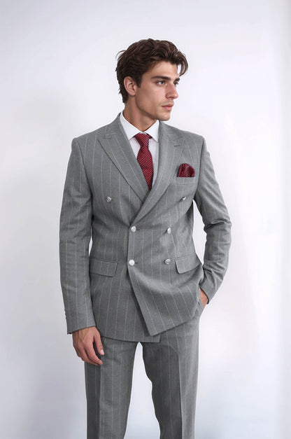 KOALA SYDNEY  Pinstripe Double Breasted Men’s Grey Suit with Silver Button Details -