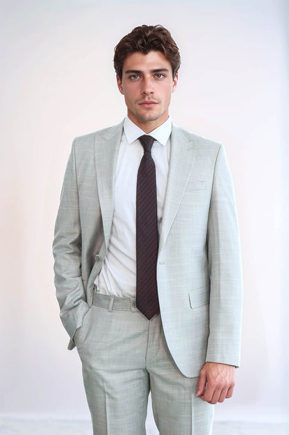 Two Piece Slim Fit Single Button Light Grey Men Suit