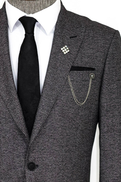 Slim Fit Houndstooth Patterned 2 Piece Grey Men Suit