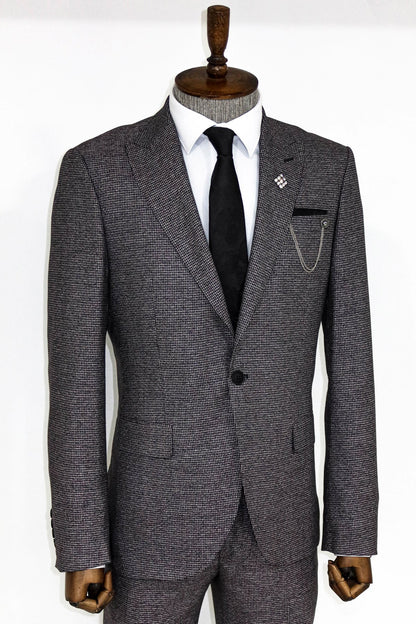 KOALA SYDNEY  Slim Fit Houndstooth Patterned 2 Piece Grey Men Suit