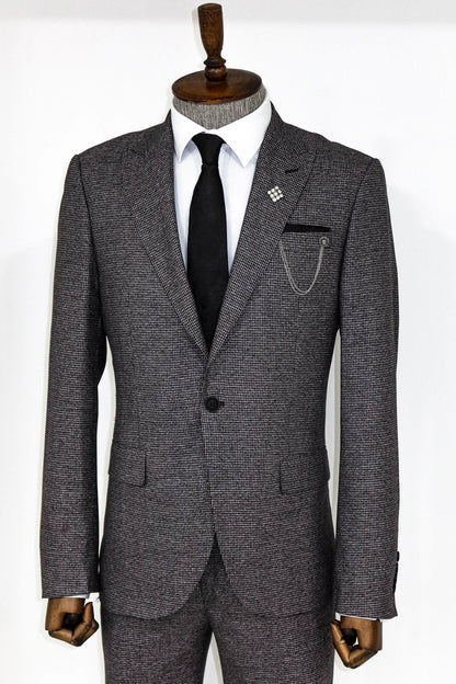 KOALA SYDNEY  Slim Fit Houndstooth Patterned 2 Piece Grey Men Suit