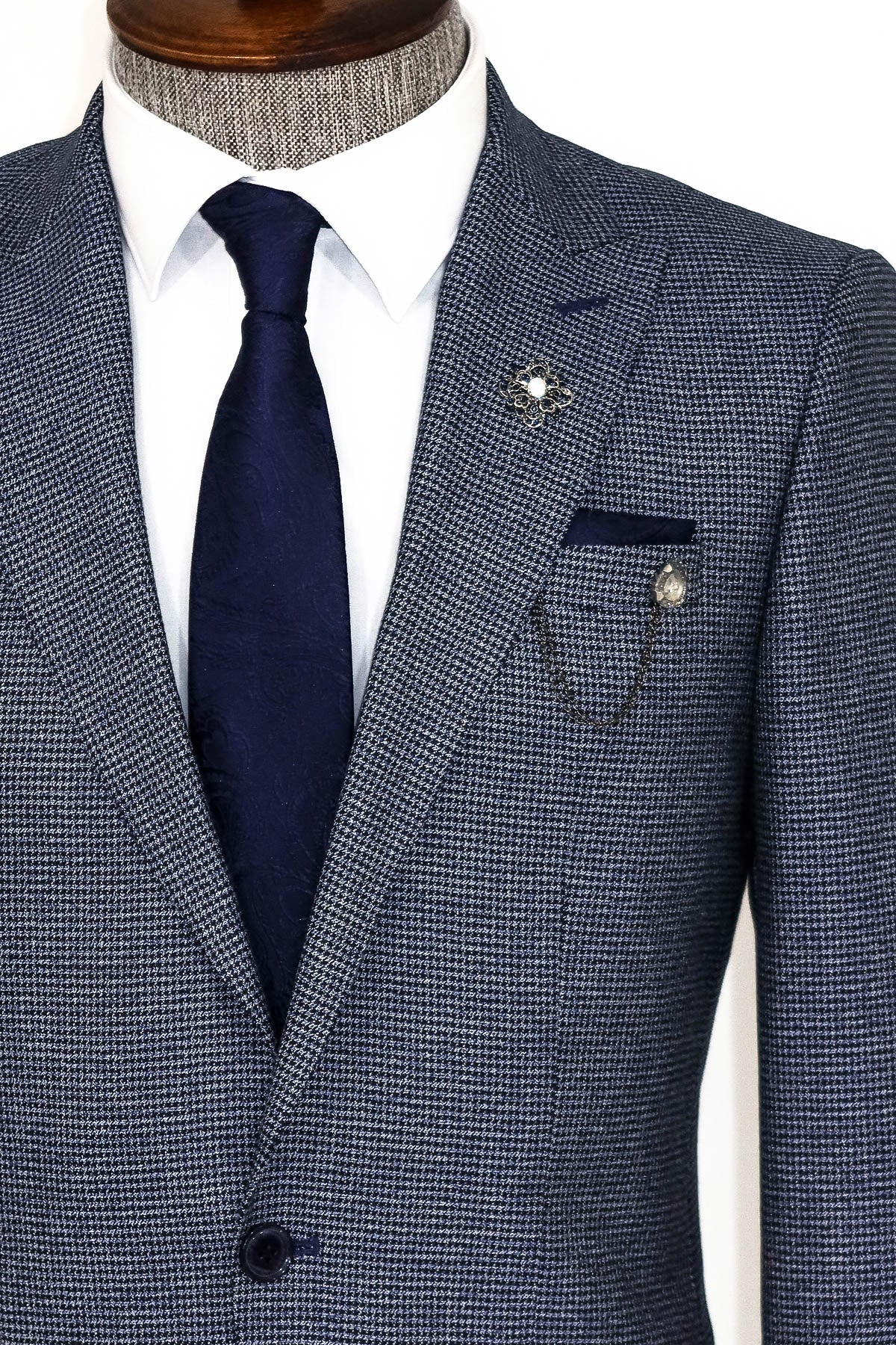 KOALA SYDNEY  Slim Fit Houndstooth Patterned 2 Piece Navy Blue Men Suit -