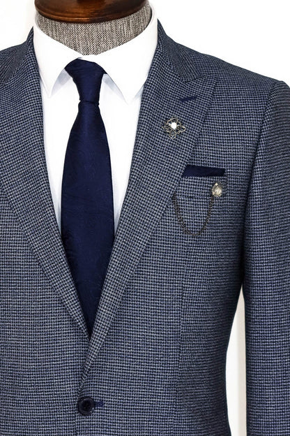 KOALA SYDNEY  Slim Fit Houndstooth Patterned 2 Piece Navy Blue Men Suit -