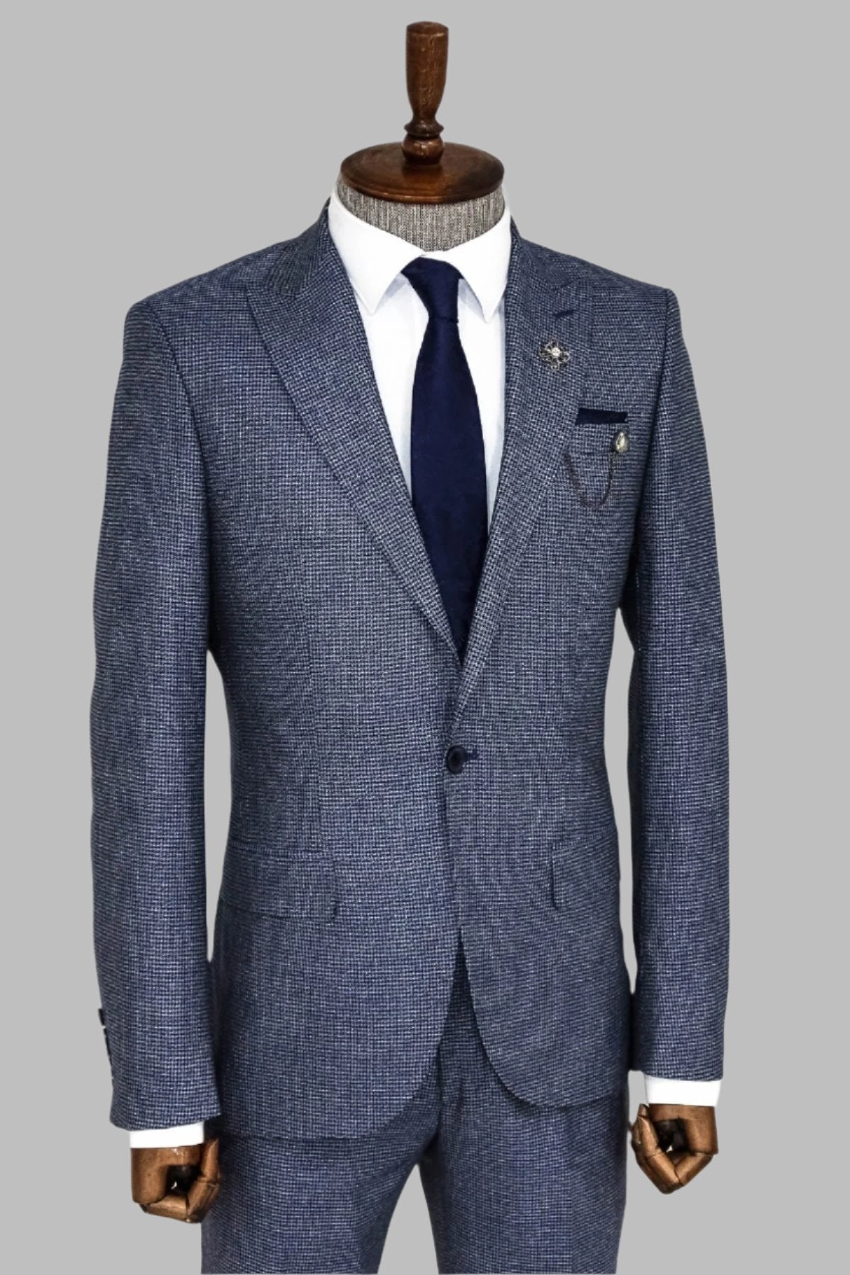 KOALA SYDNEY  Slim Fit Houndstooth Patterned 2 Piece Navy Blue Men Suit -