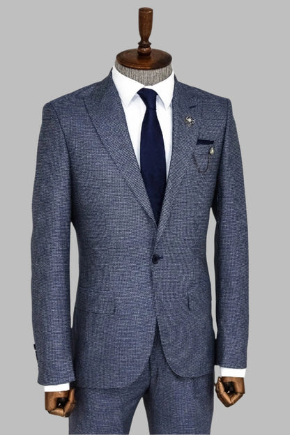 KOALA SYDNEY  Slim Fit Houndstooth Patterned 2 Piece Navy Blue Men Suit -
