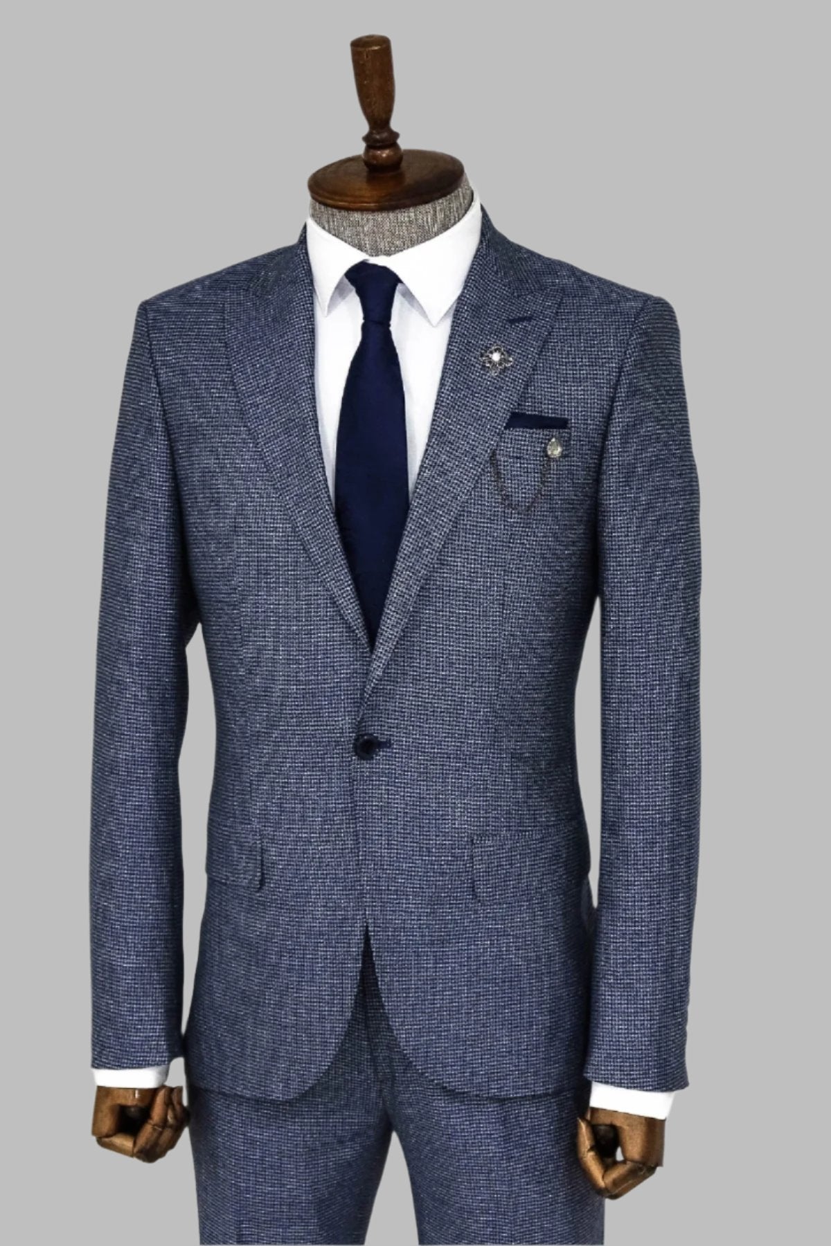 KOALA SYDNEY  Slim Fit Houndstooth Patterned 2 Piece Navy Blue Men Suit -