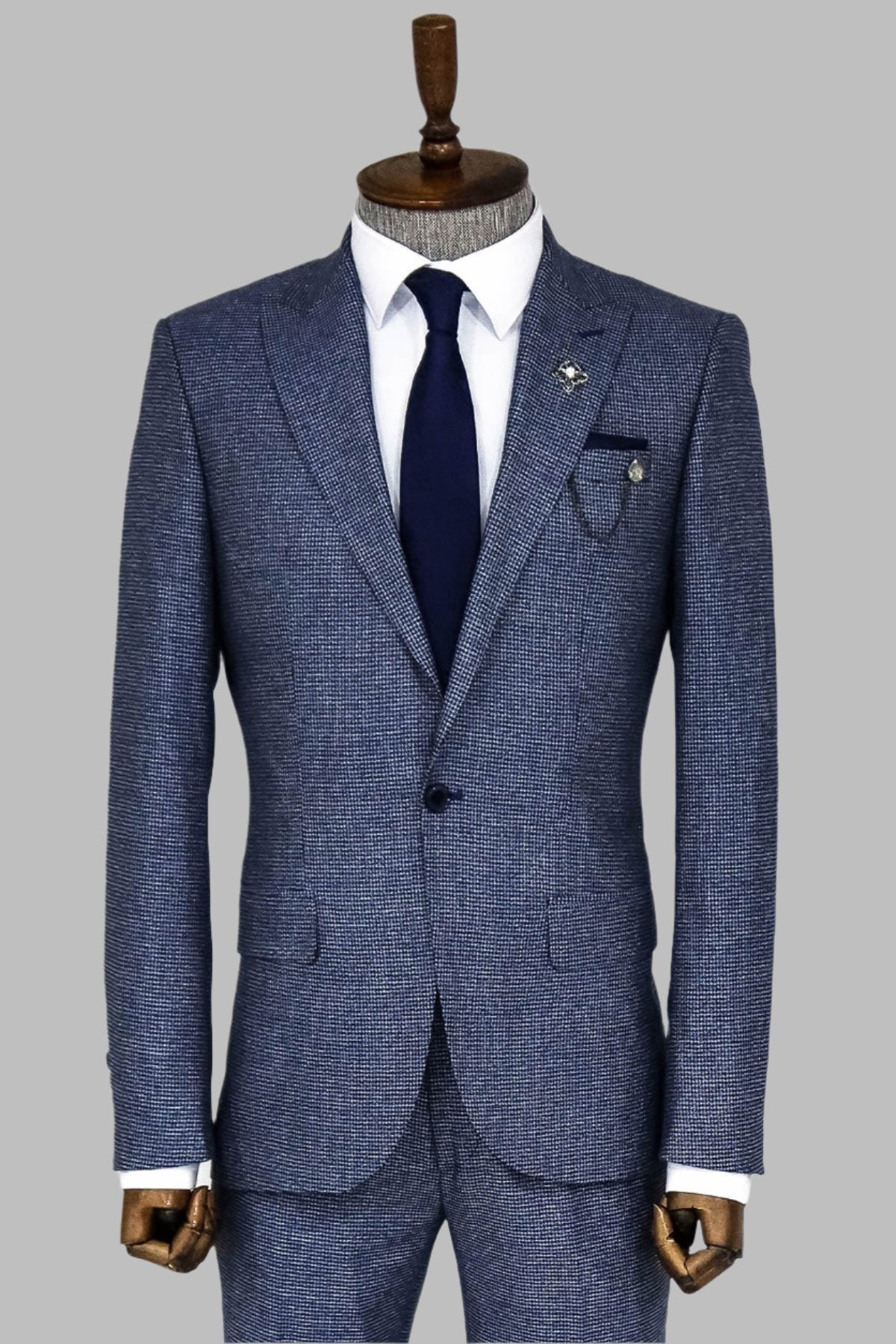 KOALA SYDNEY  Slim Fit Houndstooth Patterned 2 Piece Navy Blue Men Suit -