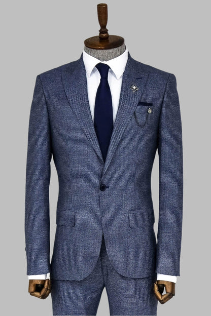 KOALA SYDNEY  Slim Fit Houndstooth Patterned 2 Piece Navy Blue Men Suit -