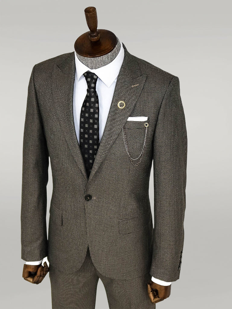KOALA SYDNEY  Slim Fit Houndstooth Patterned 2 Piece Brown Men Suit -
