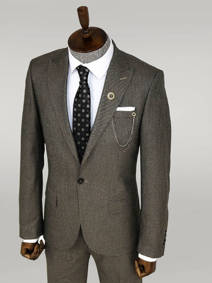 KOALA SYDNEY  Slim Fit Houndstooth Patterned 2 Piece Brown Men Suit -