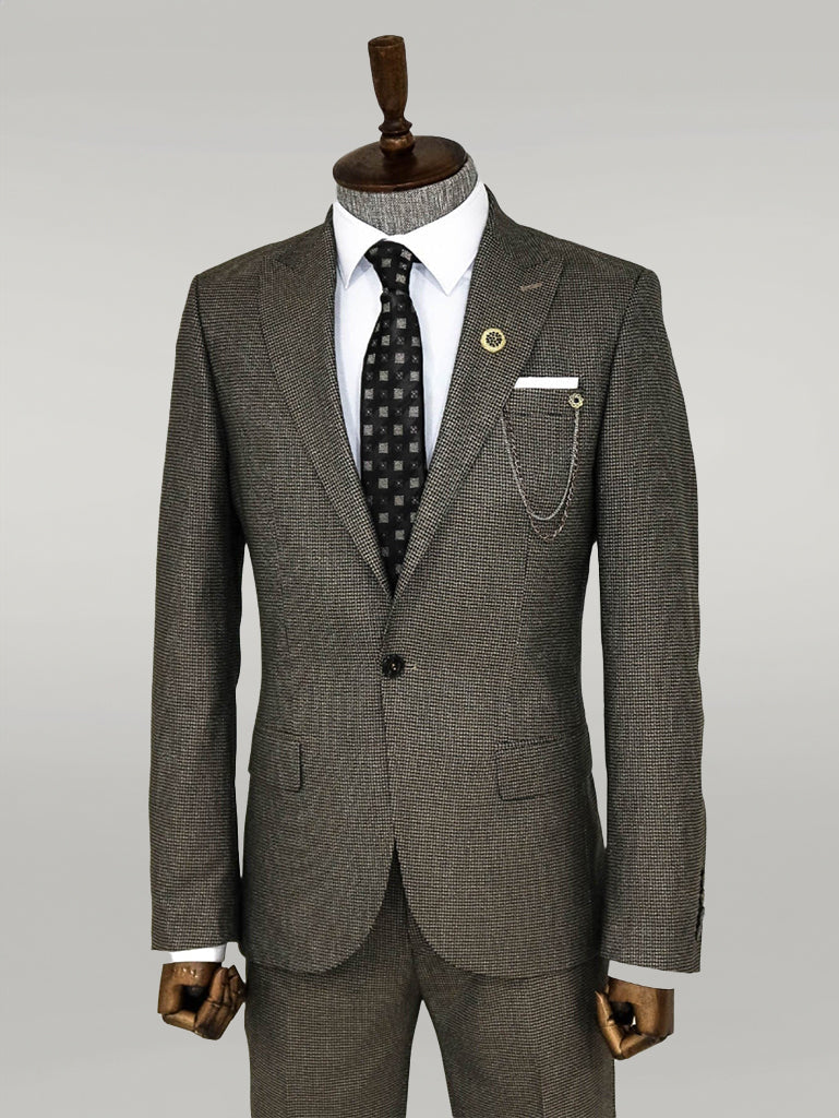 KOALA SYDNEY  Slim Fit Houndstooth Patterned 2 Piece Brown Men Suit -